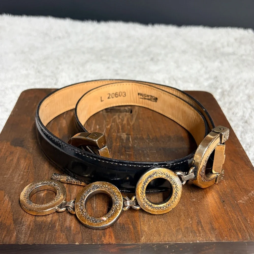 Brighton Vtg 1996 Black Leather Toggle Belt Western. Mixed Metal Ornate L 20603